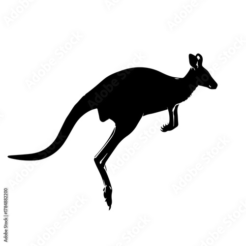 A black silhouette of a kangaroo in mid-leap against a white background.