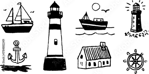 Lighthouse and boat set in black and white vector illustration. Maritime icons include an anchor, house, and wheel for nautical themes.
