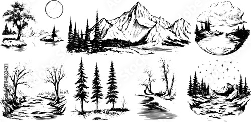 Nature landscape vector illustration featuring mountains, trees, and water in black and white. This simple illustration captures a tranquil outdoor scenery.