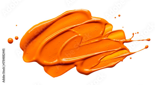 Thick swash of vibrant orange paint with droplets, isolated on transparent background