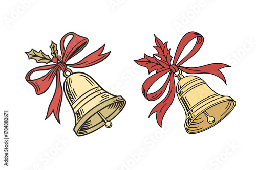 Christmas Bell Vector Gold Red Ribbon Decoration Isolated 