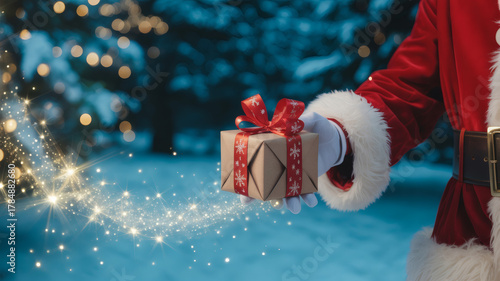 Santa Claus Holding a Magical Christmas Gift with Sparkling Lights in a Snowy Winter Wonderland