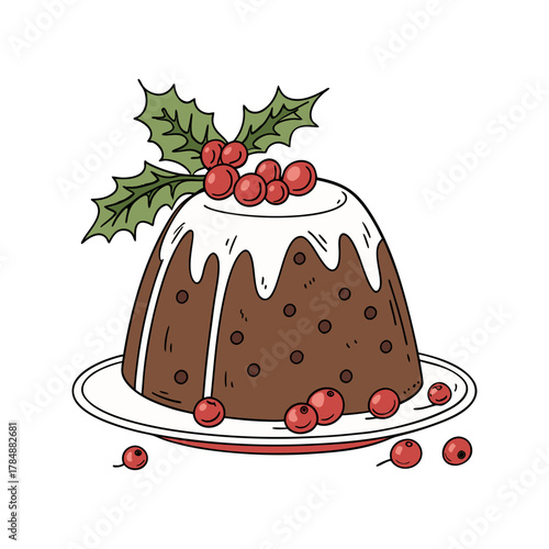 Brown Christmas Pudding Vector Illustration Isolated
