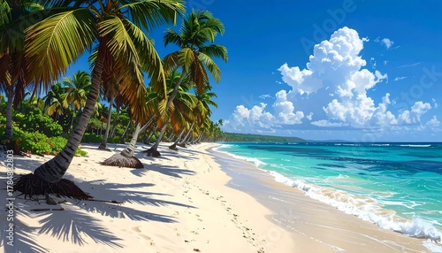 Fototapeta Naklejka Na Ścianę i Meble -  Beautiful tropical beach with palm trees, turquoise water, and blue sky