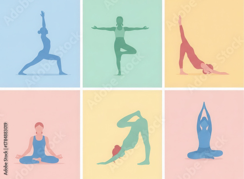 Collection of yoga poses in various colors for wellness and mindfulness isolated on transparent background