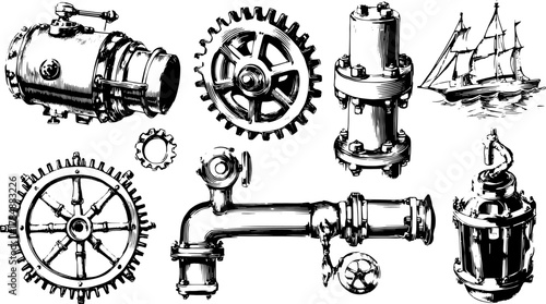 Vintage engine and mechanical parts. Detailed vector illustration of gears, pipes, and ship equipment in black and white set.