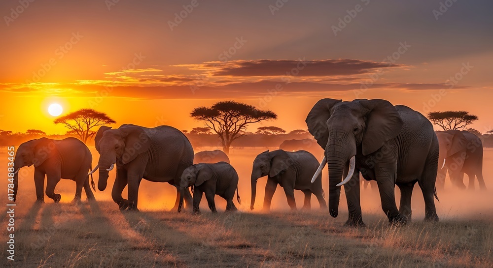 Fototapeta premium Herd of elephants walking across savanna under vibrant sunset sky