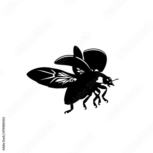 A black silhouette of a flying insect with large wings and multiple legs.