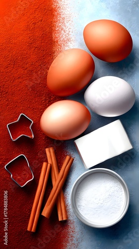 Creative Baking with White Sugar, Eggs, and Cinnamon Sticks: Culinary Art in Vibrant Colors for Festive Home Cooking and Recipe Preparation