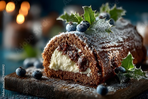 Exquisite Chocolate Log Cake: A Holiday Dessert Masterpiece with Cream Filling, Fresh Blueberries, and Festive Décor - Capturing Traditional Yule Log Pastry in Artistic Cuisine Photography