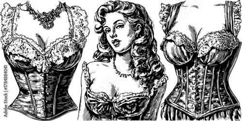 Engraving print of vintage corsets and lingerie. Detailed black outline vector illustration showcasing retro fashion style set.