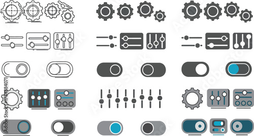 Collection of diverse graphic icons representing settings, controls, and mechanisms for digital interfaces.