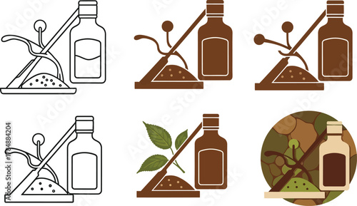 A collection of stylized icons depicting ingredients and tools for natural remedies or potions.