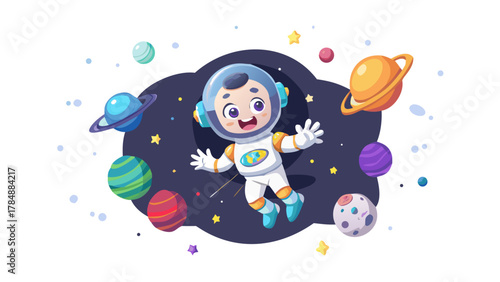 A cartoon robot boy floating in space with stars, planets, and comets around him