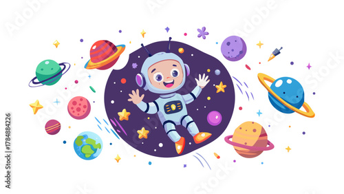 A cartoon robot boy floating in space with stars, planets, and comets around him