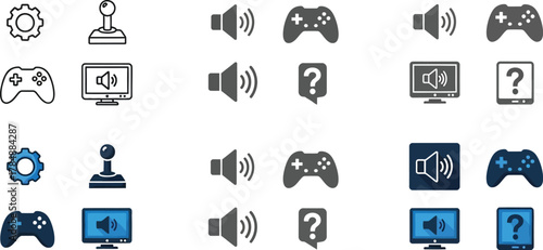 Collection of gaming icons including controllers, speakers, monitors, and settings.