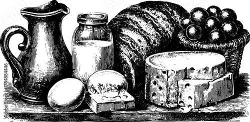 Vintage food illustration featuring cheese, bread, eggs, and milk in a rustic kitchen setting. This engraving showcases classic elements in a vector style.