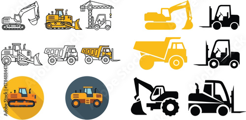 Collection of diverse construction equipment and vehicles in various styles and colors