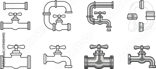 Collection of plumbing fixtures, pipes, and faucets for water systems