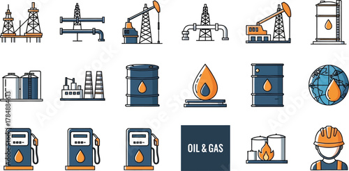 Collection of diverse oil and gas industry icons for energy sector concepts.