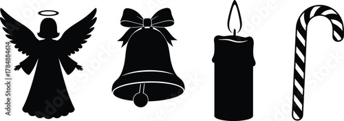 Festive Christmas icons including an angel, bell, candle, and candy cane