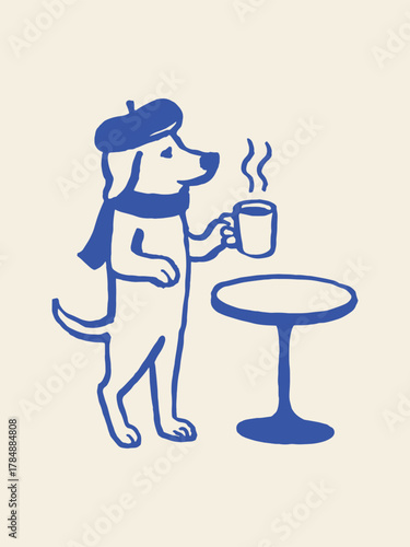 Dog with coffee at cafe — naive sketch, bold outline vector