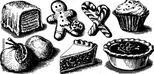 Vintage illustration of a set of desserts, including cake, gingerbread, and candy. This hand-drawn vector design features various sweet treats.