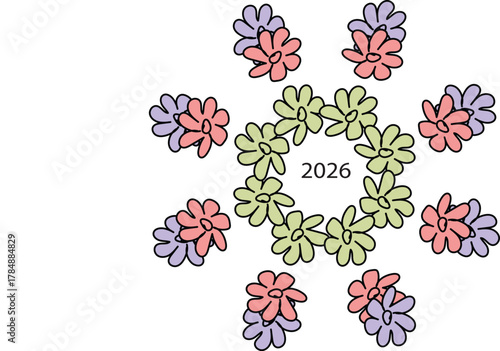 Floral wreath with the year two thousand twenty six in the center surrounded by pink and purple flowers