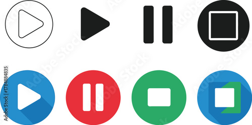 Collection of modern and classic media playback control icons including play, pause, and stop