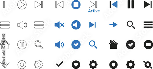 Collection of modern digital interface icons for media playback and navigation