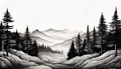a serene landscape showcasing a grove of tall pine trees amidst gentle hills illustrated in detailed black and white