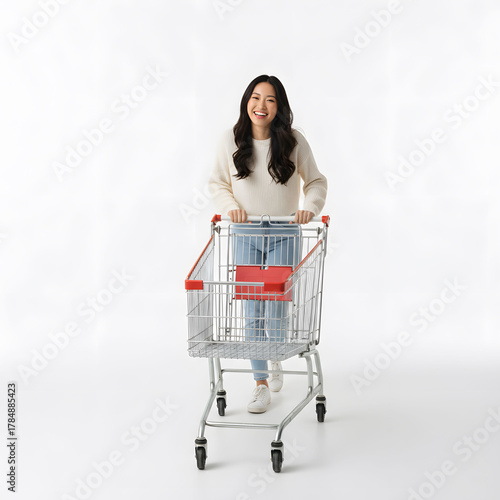 Smiling Woman Pushing Shopping Cart in Casual Outfit Indoor Setting