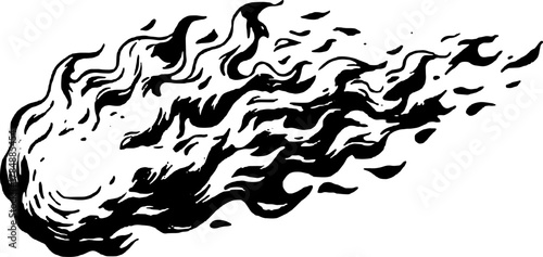 Vintage flame illustration in black line drawing style. This graphic set features a dynamic fire for artistic purposes with a vector design.