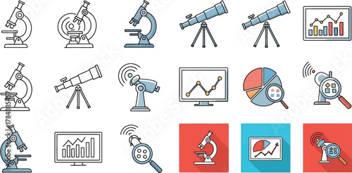 Collection of science and data analysis icons including microscopes, telescopes, and graphs.