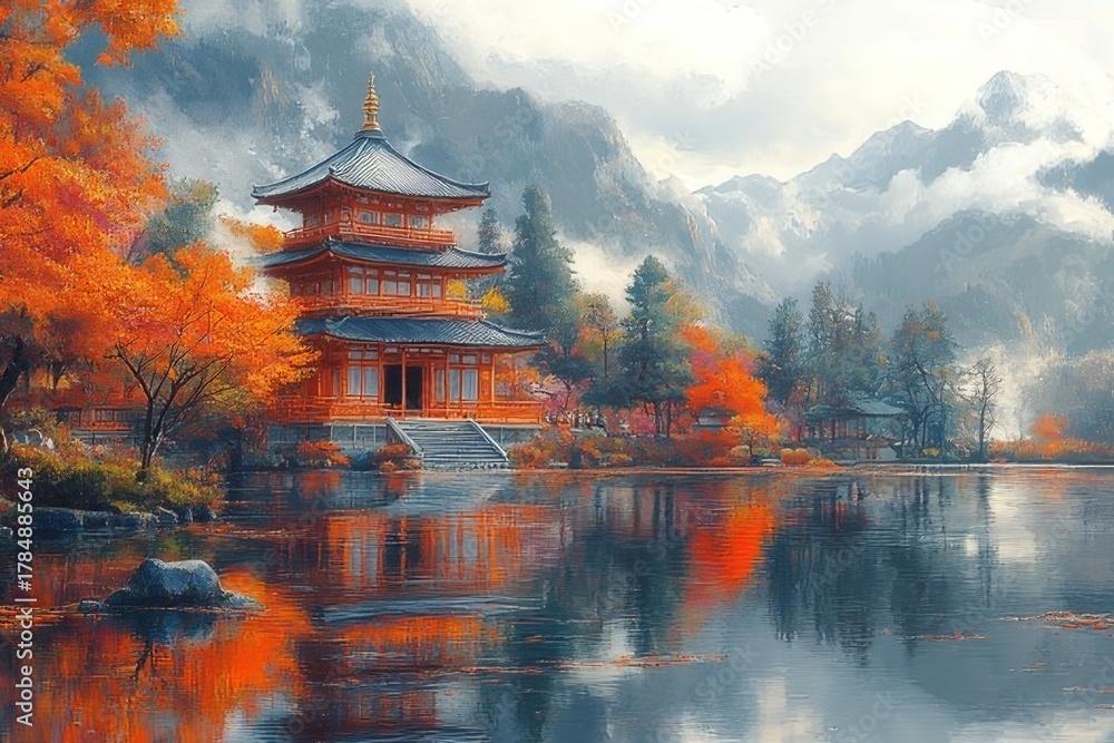 Obraz premium Serene autumn scene with a traditional pagoda surrounded by colorful trees and tranquil lake reflections in a mountainous landscape
