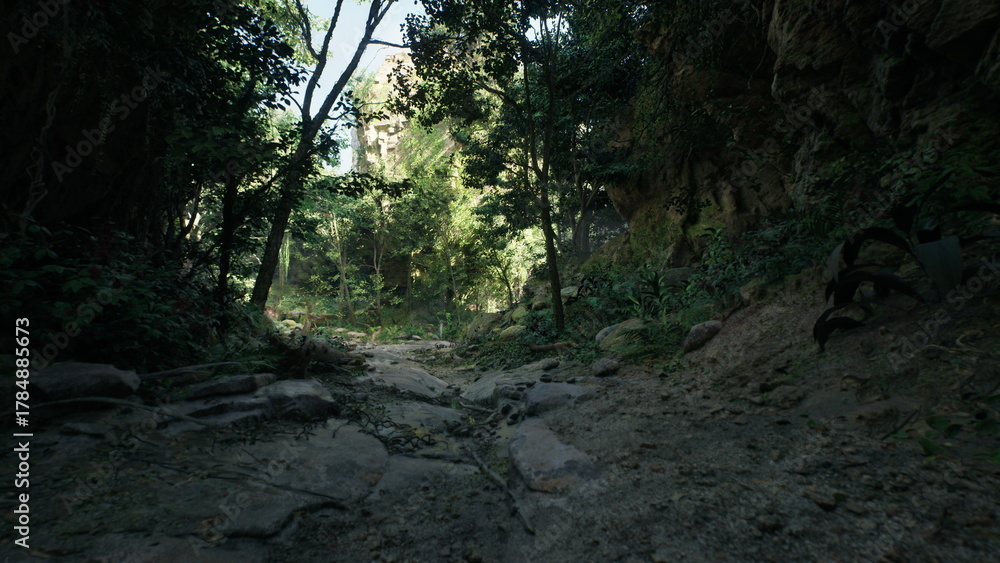 Obraz premium A tranquil forest path winds through lush greenery, illuminated by soft sunlight. Stones and roots create a natural trail leading deeper into the peaceful wilderness.