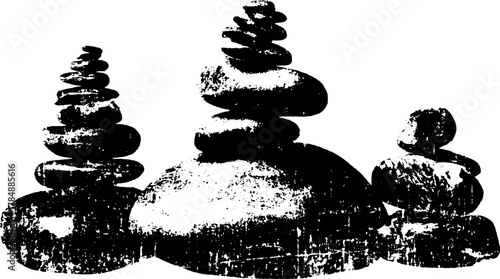 Engraving of stacked stones in antique silhouette style. Hand-drawn black outline vector illustration with vintage texture.