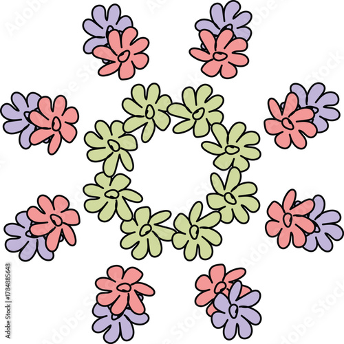 Illustration of a flower wreath with green flowers and scattered pink and purple flower clusters around it