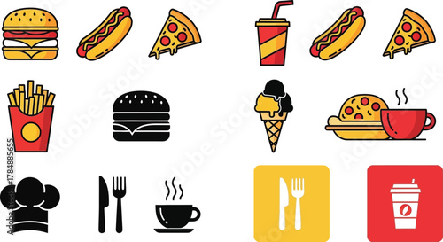 Vibrant collection of popular fast food icons and related items