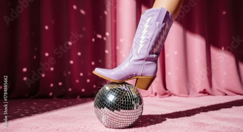 Female in trendy purple cowboy boots on a disco ball. Retro party concept with vibrant pink decor. Western chic fashion statement for nightlife. Modern pop culture aesthetic