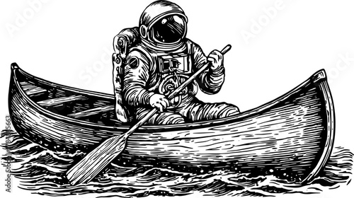 Vintage astronaut engraving in a canoe. Hand-drawn black outline illustration depicting water scenery as a set.