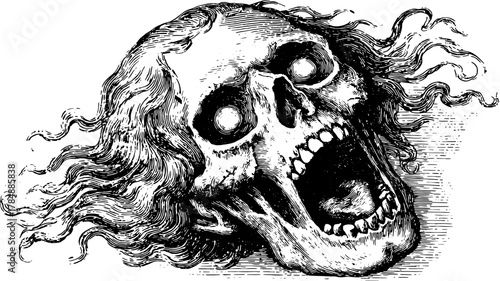 Skull art in vintage engraving style. Detailed line work illustration features dark movement presented as a vector graphic set.