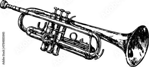 Trumpet illustration in a vintage engraving style. Detailed musical instrument outline in black and white vector illustration emphasizing classic design.