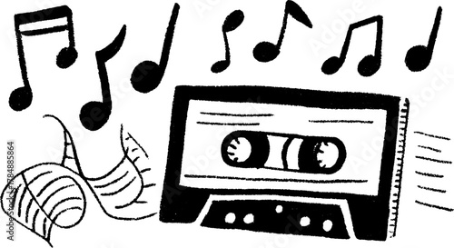 Cassette tape with musical notes in black and white. Simple vector illustration emphasizing vintage audio elements in a flat design set.