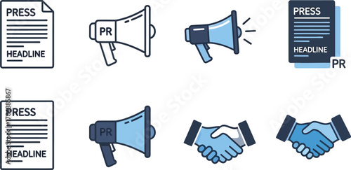 Public relations icons: press release, megaphone, and handshake symbolizing communication and agreement.