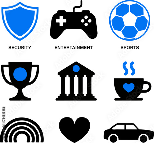 Collection of Icons Representing Various Aspects of Life Security Entertainment Sports and More Black and Blue Designs