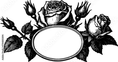 Engraved roses in vintage outline style. Floral decoration features a blank center, ideal for any greeting card or label vector illustration.