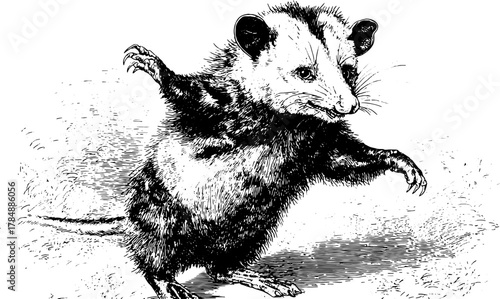 Opossum illustration in detailed line art style. Vintage black and white vector illustration showcasing a wildlife creature in a unique design set.