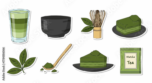 Matcha Sticker Set – Flat Vector of Tea Bowl, Whisk, Latte, and Dessert