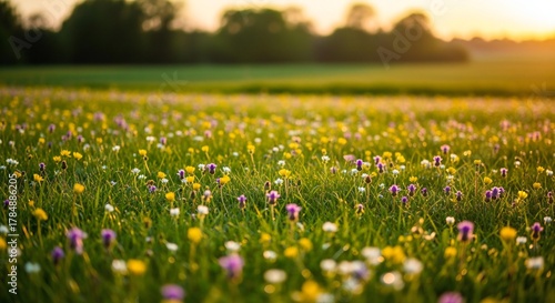 Fototapeta Naklejka Na Ścianę i Meble -  Golden hour sunlight illuminates a vibrant meadow filled with diverse wildflowers